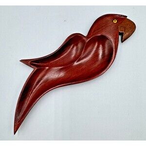 TEAK WOOD Nut or Candy Dish Parrot Shaped Serving Dish Glass Eye Bird Brazil
